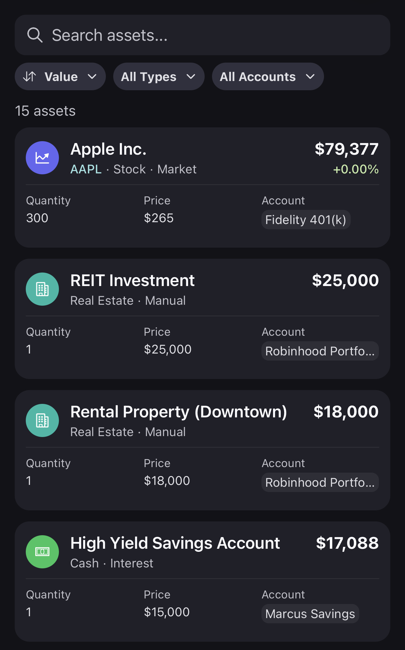 SnapFolio.AI assets screen showing searchable list of stocks, ETFs, and real estate holdings