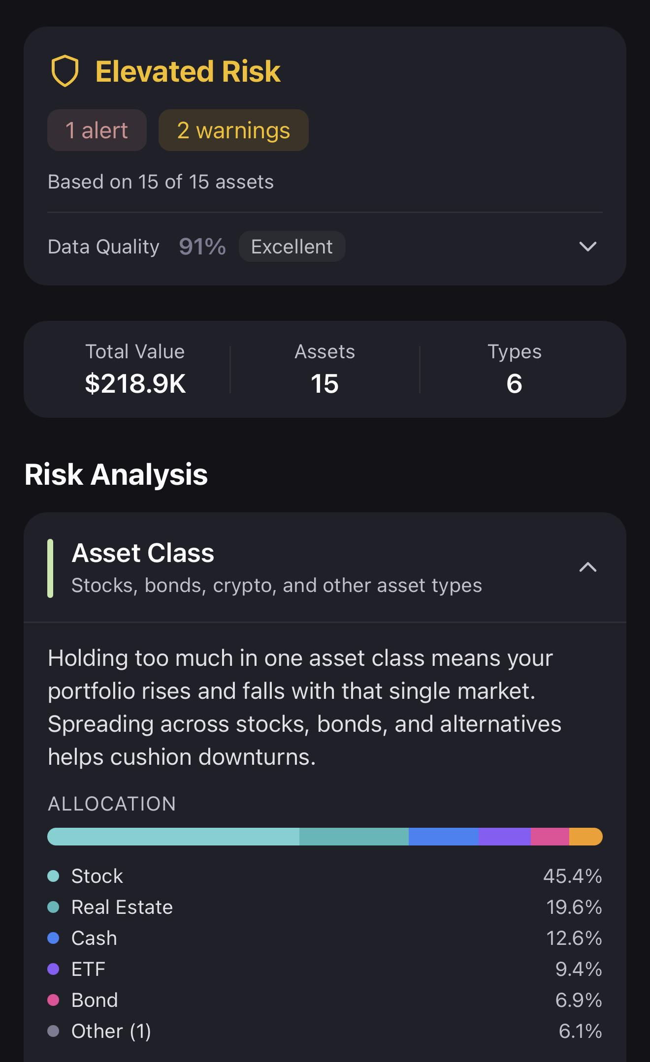 SnapFolio.AI insights screen showing risk analysis, allocation breakdown, and investment recommendations